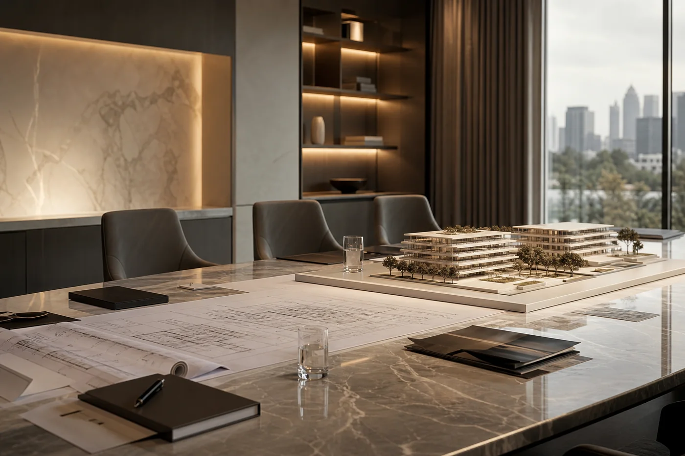 Konferenzraum mit Architekturmodell und Projektplänen