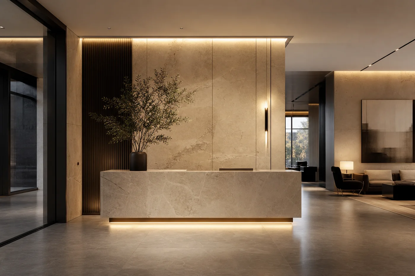 Eleganter Empfangsbereich eines internationalen Architektur- und Investmentunternehmens