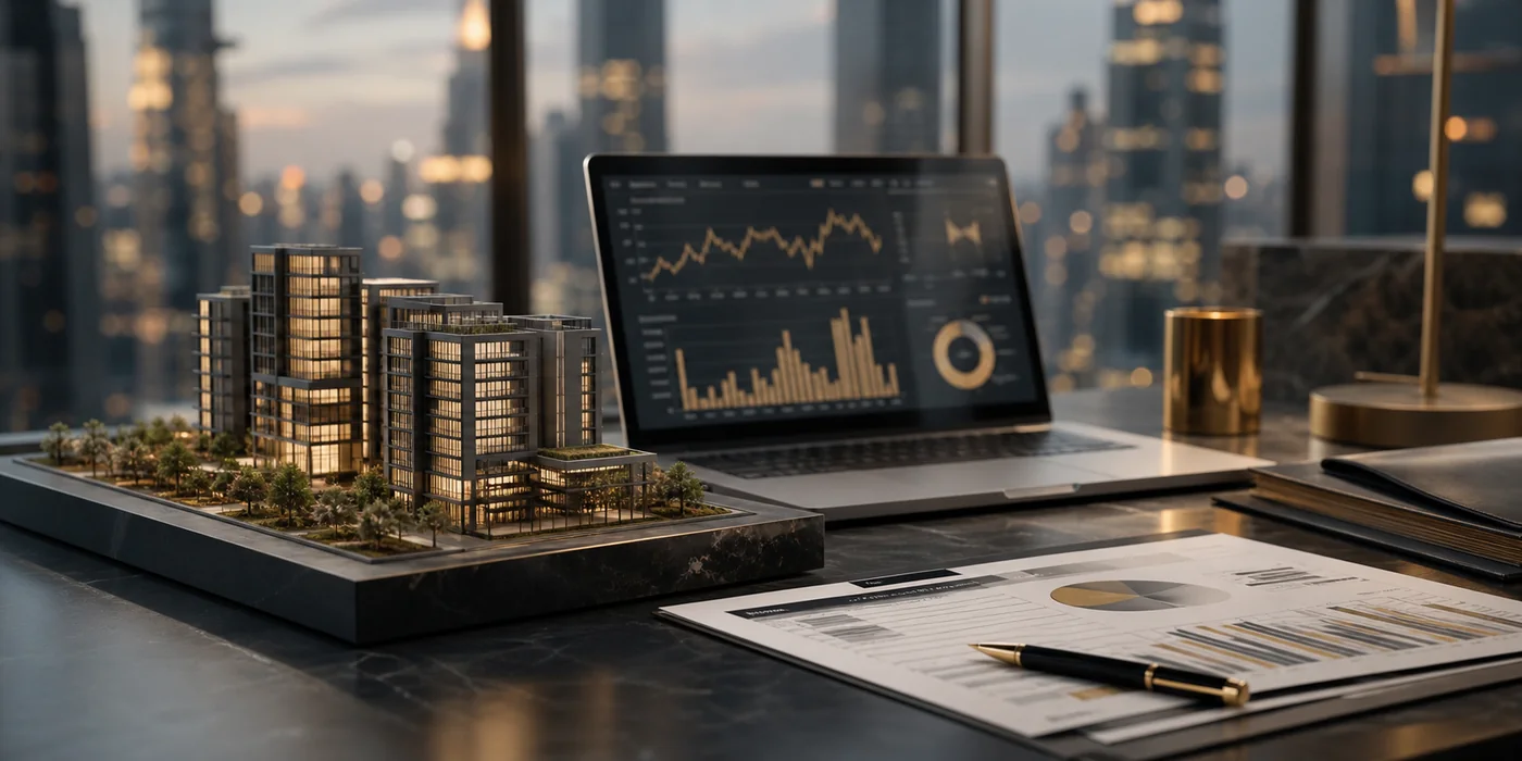 Investmentunterlagen mit Architekturmodell und hochwertigem Dashboard