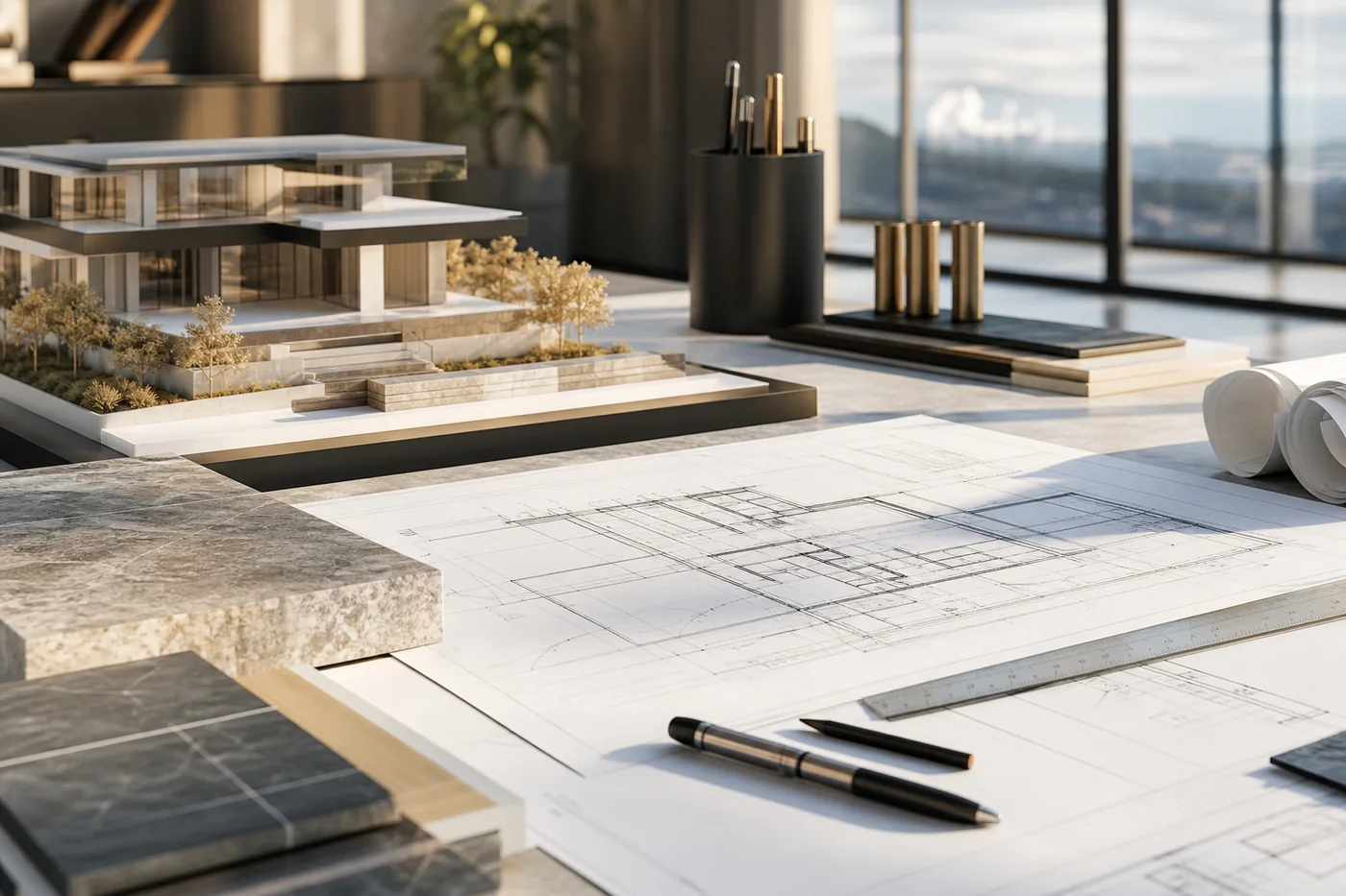 Architekturplanung mit Modell und Plänen