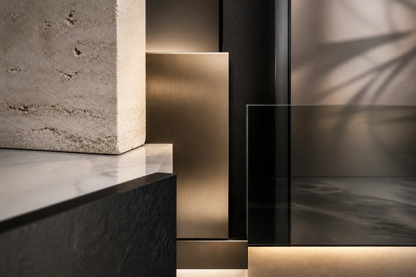 Luxuriöse Materialkomposition aus Naturstein, Glas und Metall